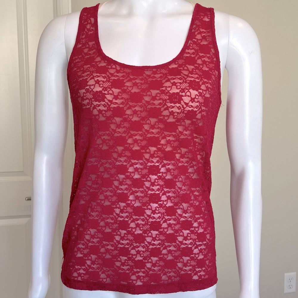 Sheer Crimson Pink Floral Lace Tank w/Scoop Back